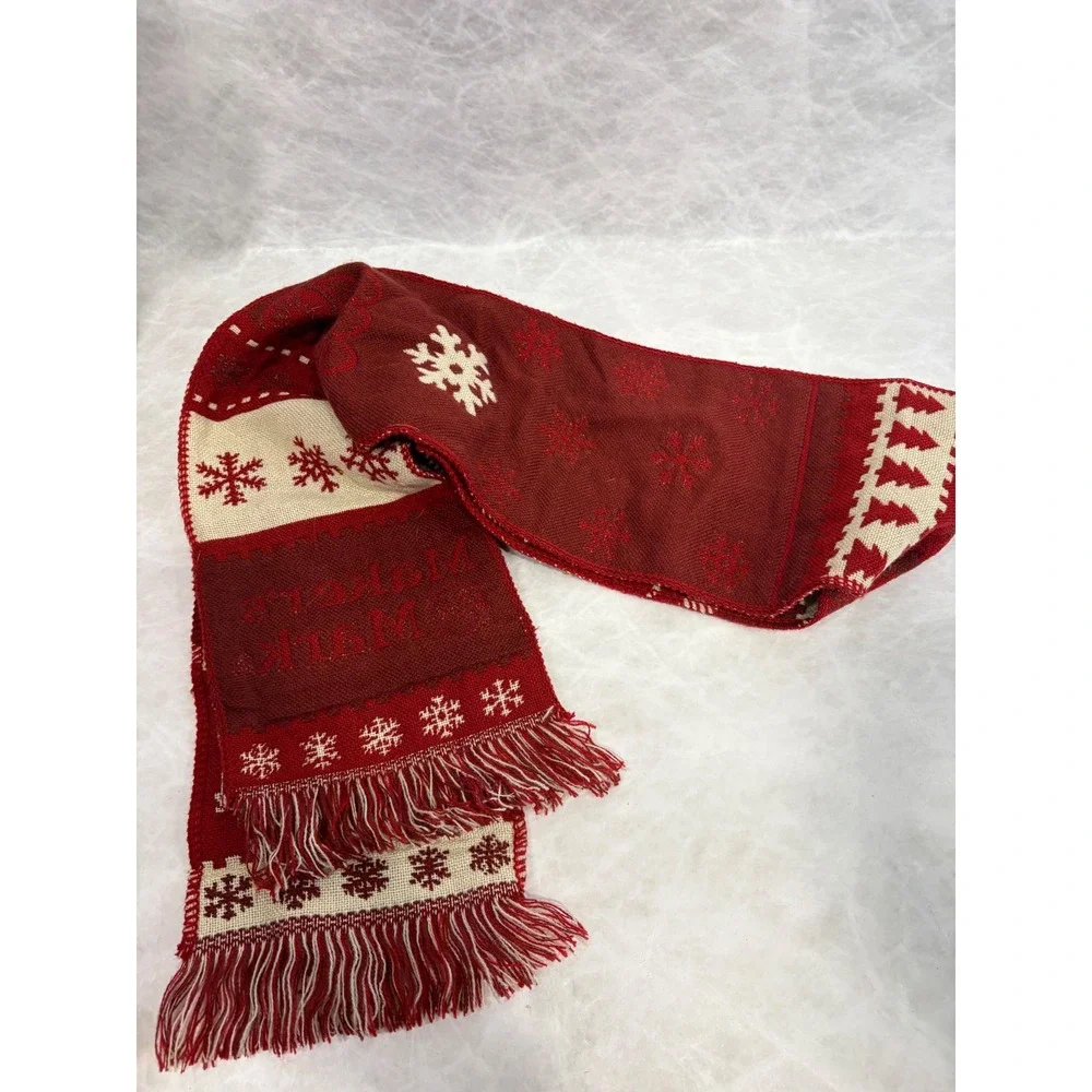 Makers Mark Bourbon Red Cream Snowflake Knit Holiday Scarf Fringe Trim Mens